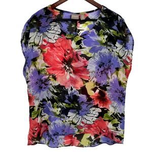 Chicos Sz 2 LARGE Sheer Floral Beach Tropical Blouse Shirt Top Summer Pool Pink
